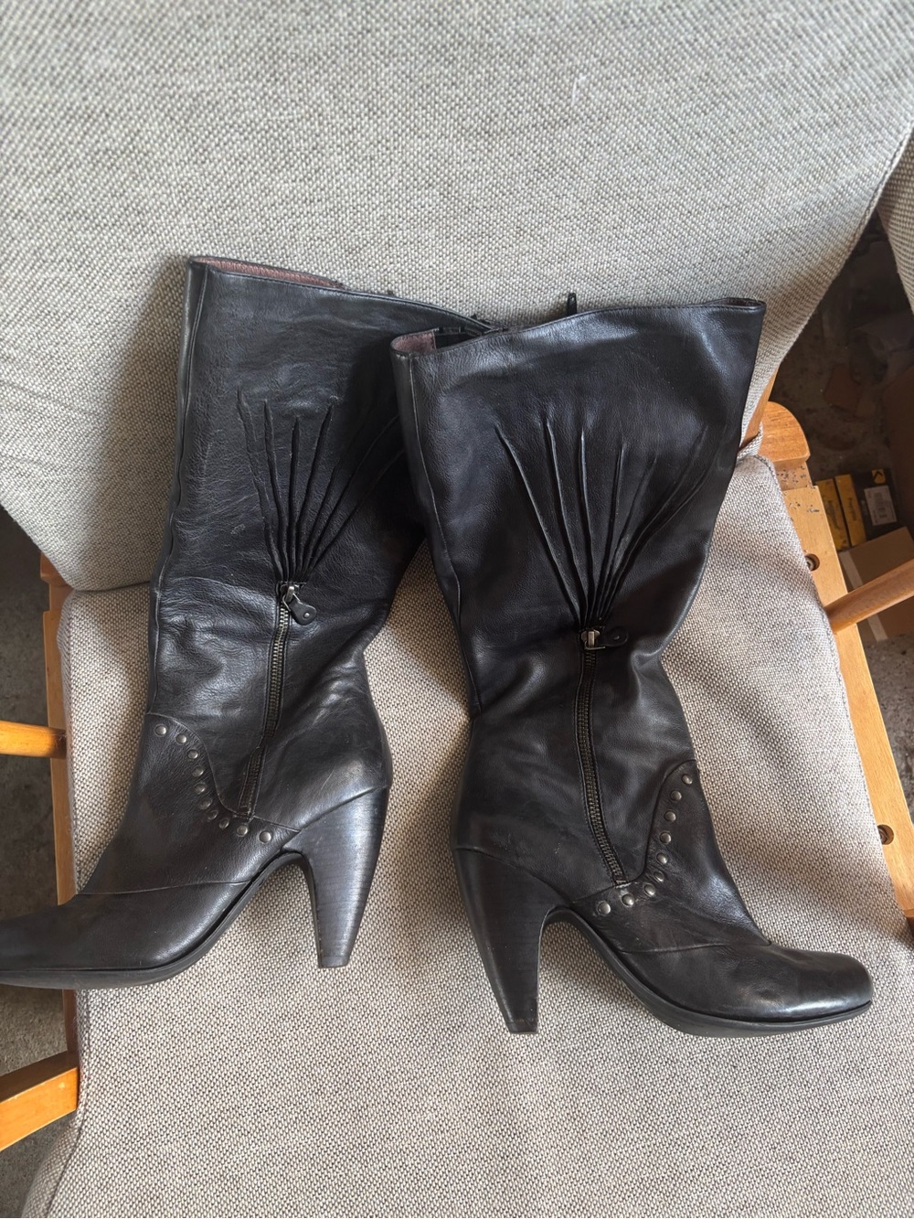 Black Leather Mid-Calf Heeled Boots with Stud Detail